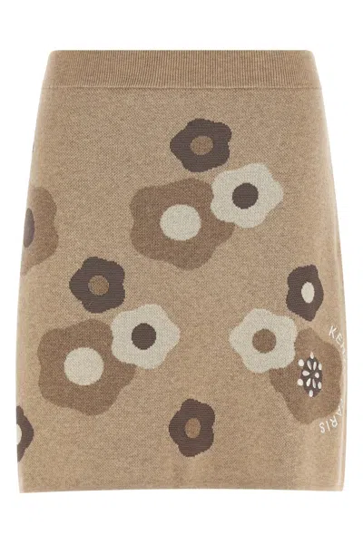 Kenzo Floral-pattern Knit Skirt In Brown