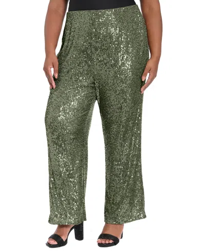 Muse Plus Size Cropped Sequin Short Sleeve T Shirt Pull On Pants In Green