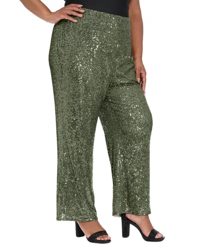 Muse Plus Size Cropped Sequin Short Sleeve T Shirt Pull On Pants In Green