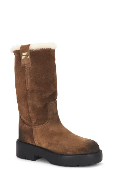 Miu Miu Suede And Shearling Mid-calf Boot In Brown