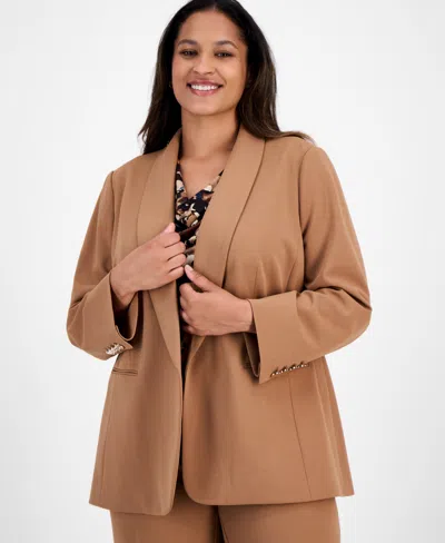 Anne Klein Plus Size Shawl-collar Open-front Blazer In Brown