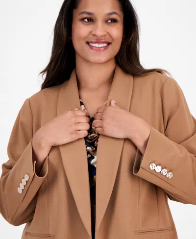 Anne Klein Plus Size Shawl-collar Open-front Blazer In Brown