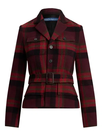 Polo Ralph Lauren Belted Wool-blend Plaid Tweed Jacket In Red