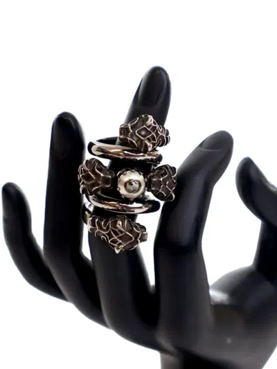 Pre-owned Gucci 2015-2025 Silver Plated Faux Pearl Tiger Heads Double Wrap Ring Costume Ring
