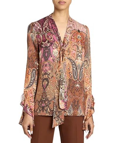 Santorelli Sienna Long Sleeve Blouse With Neck Tie In Printed Charmeuse In Brown