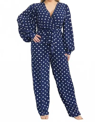 Karen T Design Polka Dot Long Sleeve Jumpsuit In Navy Blue In Blue