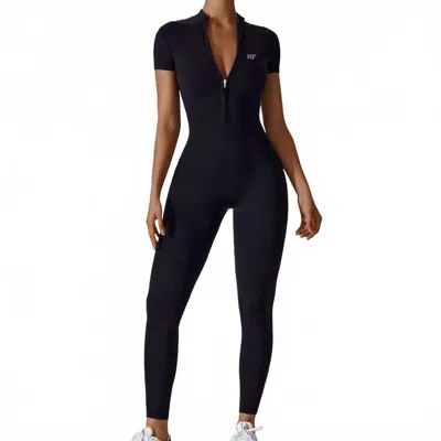 Rockstar Peach Scuba Zip Short Sleeve Jumpsuit In Black In Black