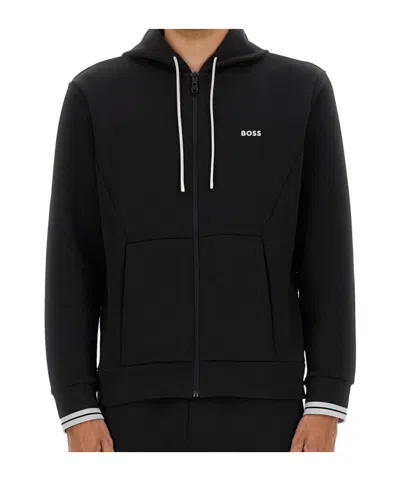 Hugo Boss Cotton Zip-up Hoodie With Stripe Details In Black