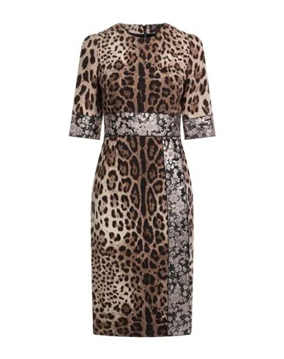 Dolce & Gabbana Woman Midi Dress Beige Size 8 Wool, Polyester, Acetate, Metallic Polyester, Acrylic In Animal Print