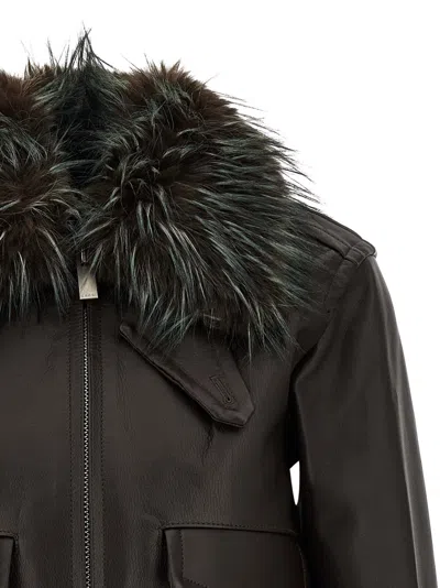 Sacai Convertible Plush-trimmed Padded Leather Jacket In Brown