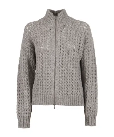 Peserico Textured Open-knit Sweater With High Ribbed Collar In Gray