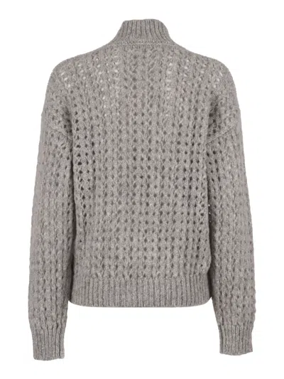 Peserico Textured Open-knit Sweater With High Ribbed Collar In Gray