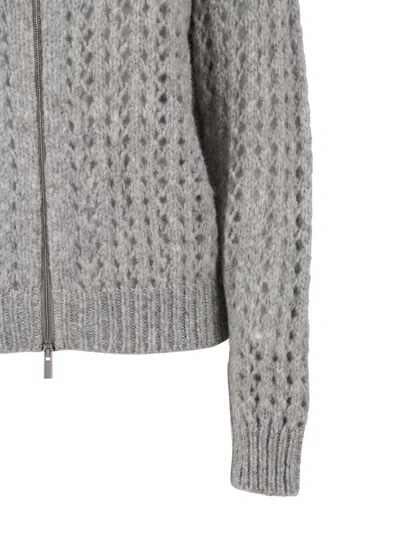 Peserico Textured Open-knit Sweater With High Ribbed Collar In Gray