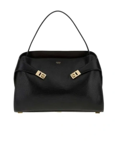 Ferragamo Hug Black Shoulder Bag With Logo Print On The Front In Leather Woman In Multi
