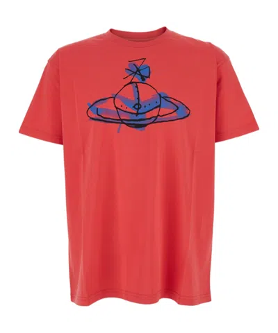 Vivienne Westwood Red Crewneck T-shirt With Maxi Orb On The Front In Cotton Man In Red