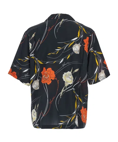 Amiri Men Black Bowling Shirt With Cuban Collar And All-over Floral Motif In Viscose Man In Black