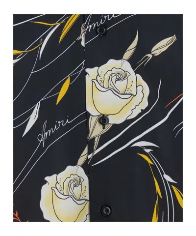 Amiri Men Black Bowling Shirt With Cuban Collar And All-over Floral Motif In Viscose Man In Black