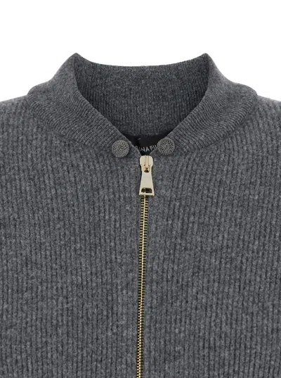 Fabiana Filippi Grey Ribbed Knit Sweatshirt With Front Zip Closure In Wool Blend Woman In Gray