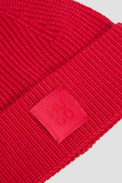 Hugo Boss Wool-blend Beanie Hat With Logo Label In Red
