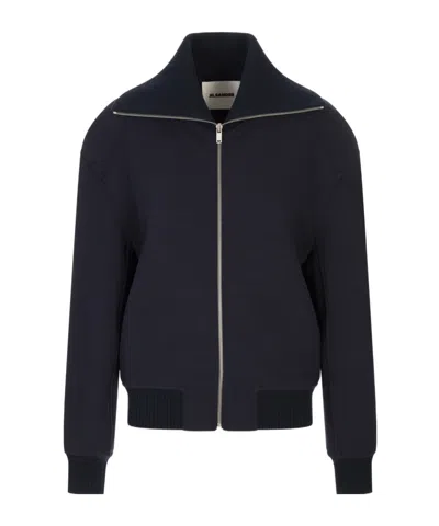 Jil Sander Wool Blend Bomber Jacket With High Collar In Blue