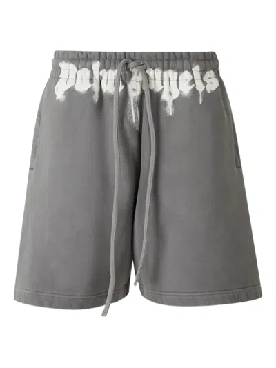 Palm Angels Logo Printed Drawstring Bermuda Shorts In Gray