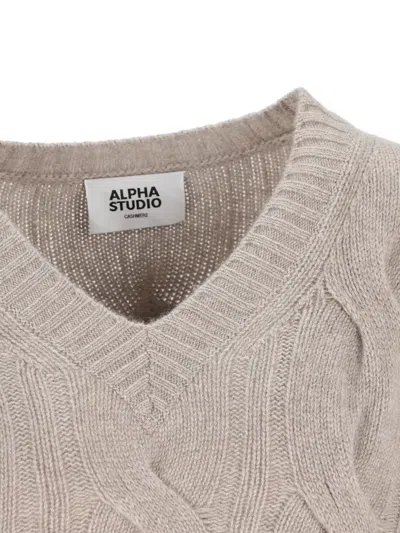 Alpha Studio Cable-knit V-neck Sweater In Gray