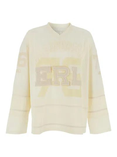 Erl White Long-sleeve T-shirt With V Neck And Maxi Logo On The Front In Tech Fabric Man In Brown