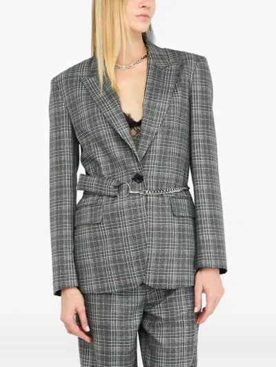 Liu •jo Glencheck Tailored Blazer With Chain Belt In Gray