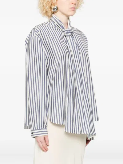 Forte Forte Vertical Striped Blouse With Distinctive Bow Tie In Blue