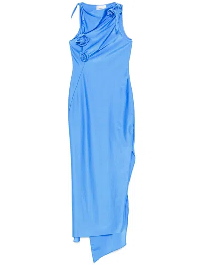 Coperni Asymmetrical Floral Applique Midi Dress In Blue