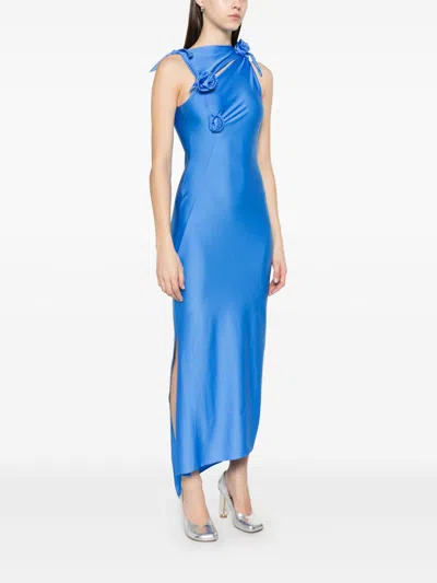 Coperni Asymmetrical Floral Applique Midi Dress In Blue