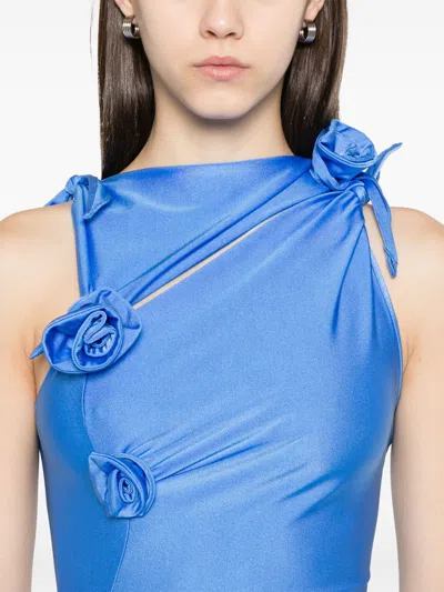 Coperni Asymmetrical Floral Applique Midi Dress In Blue