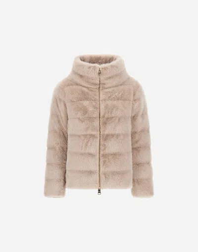 Herno Cropped Beige Coat With Horizontal Quilted Pattern And High Collar In White