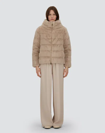 Herno Cropped Beige Coat With Horizontal Quilted Pattern And High Collar In White