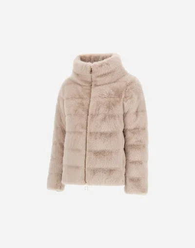 Herno Cropped Beige Coat With Horizontal Quilted Pattern And High Collar In White