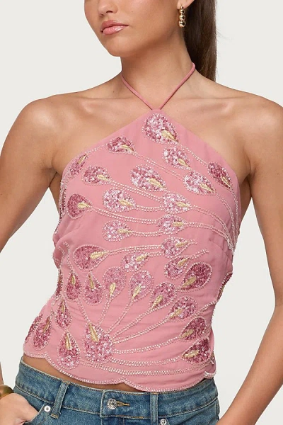 Edikted Beaded Sequin Open Back Halter Top In Pink