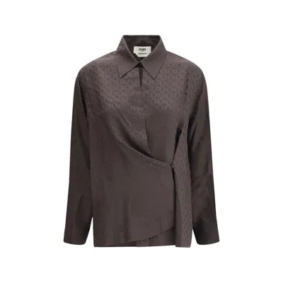 Fendi Ff Jacquard Asymmetric Long-sleeved Shirt In Gray