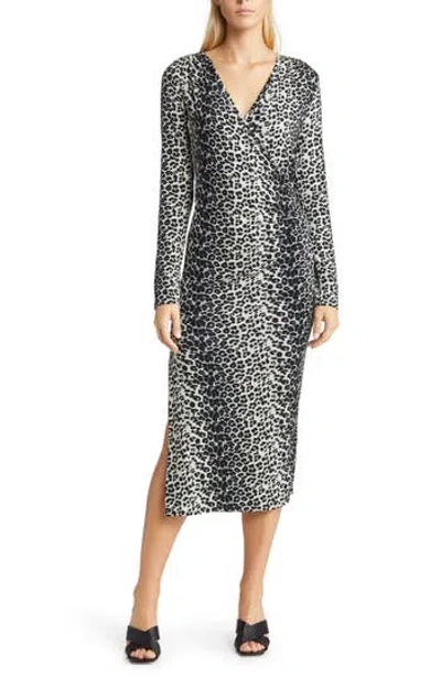 Loveappella Leopard Print Ruched Faux Wrap Midi Dress In Gray