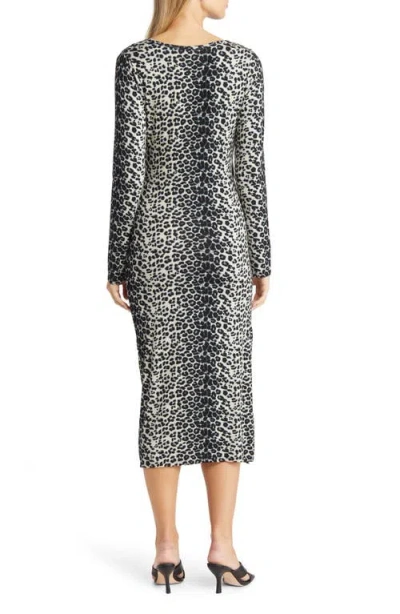 Loveappella Leopard Print Ruched Faux Wrap Midi Dress In Gray