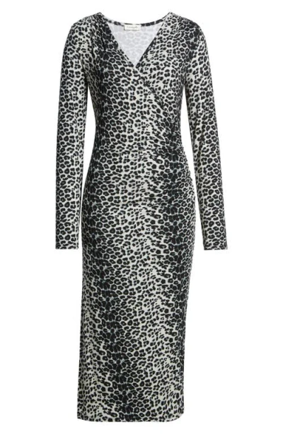 Loveappella Leopard Print Ruched Faux Wrap Midi Dress In Gray