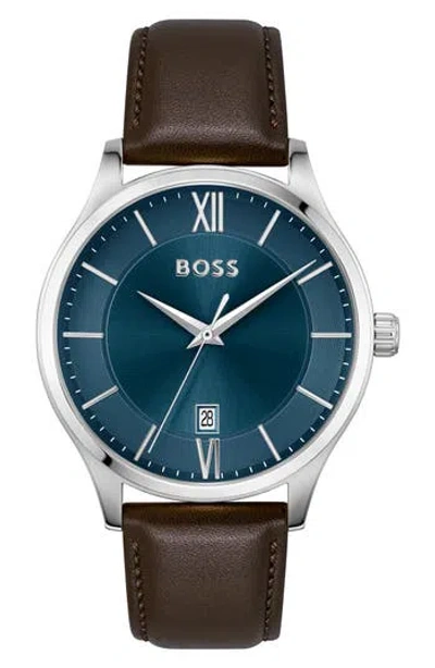 Hugo Boss Brown Leather Dress Watch In Brown