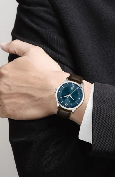 Hugo Boss Brown Leather Dress Watch In Brown
