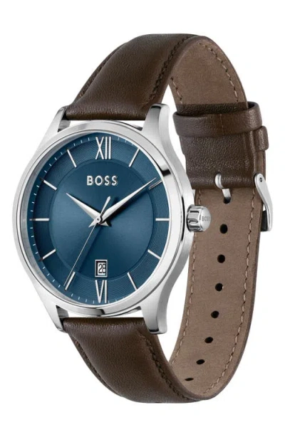 Hugo Boss Brown Leather Dress Watch In Brown