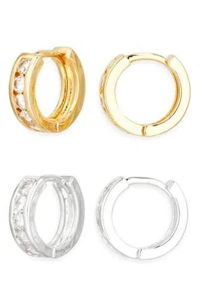 Nordstrom Rack Set Of 2 Demi-fine Cubic Zirconia Huggie Hoop Earrings In Gray