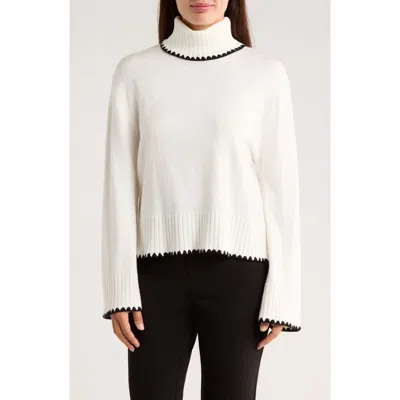 Ellen Tracy Geometric Trim Turtleneck Sweater In White