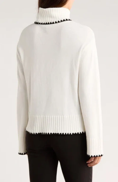 Ellen Tracy Geometric Trim Turtleneck Sweater In White