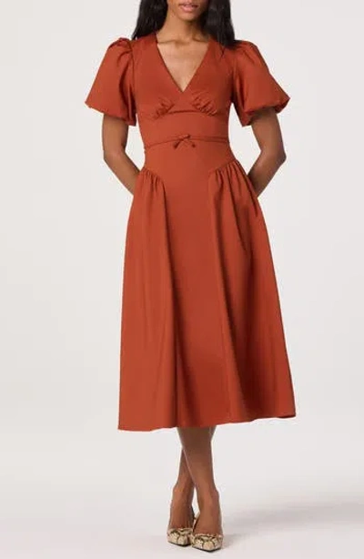 Astr The Label Puff Sleeve Fit & Flare Midi Dress In Brown