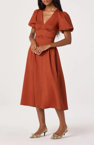 Astr The Label Puff Sleeve Fit & Flare Midi Dress In Brown