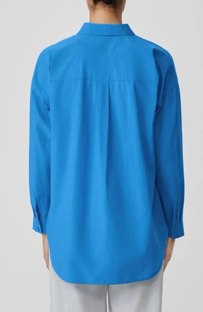 Eileen Fisher Washed Organic Cotton Poplin Classic Collar Long Shirt In Blue