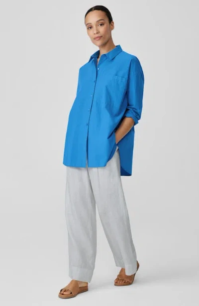 Eileen Fisher Washed Organic Cotton Poplin Classic Collar Long Shirt In Blue
